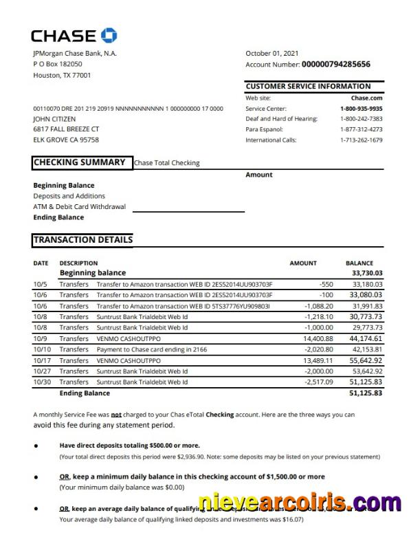 USA Chase account statement